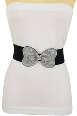 Evening Fashion Belt Black Elastic Waistband Bow Tie Bling Buckle S M L