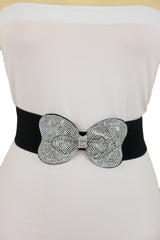 Evening Fashion Belt Black Elastic Waistband Bow Tie Bling Buckle S M L