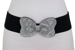 Women Evening Fashion Belt Black Elastic Waistband Bow Tie Bling Buckle Fits Sizes S M L