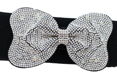 Evening Fashion Belt Black Elastic Waistband Bow Tie Bling Buckle S M L