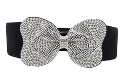 Women Evening Fashion Belt Black Elastic Waistband Bow Tie Bling Buckle Fits Sizes S M L