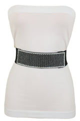 Women Elegant Fashion Belt Black Elastic Waistband Bling Long Plate Buckle Prom Dance Party S M