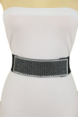 Elegant Fashion Belt Black Elastic Waistband Bling Long Plate Buckle S M