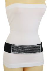 Women Elegant Fashion Belt Black Elastic Waistband Bling Long Plate Buckle Fits Sizes S M