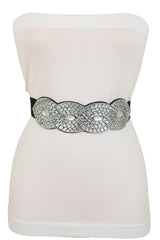 Trendy Black Elastic Belt High Waist Hip Bling Oval Waves Buckle Size S M