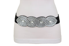 Trendy Black Elastic Belt High Waist Hip Bling Oval Waves Buckle Size S M