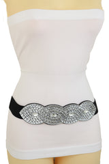 Trendy Black Elastic Belt High Waist Hip Bling Oval Waves Buckle Size S M