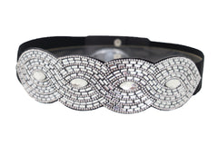 Trendy Black Elastic Belt High Waist Hip Bling Oval Waves Buckle Size S M