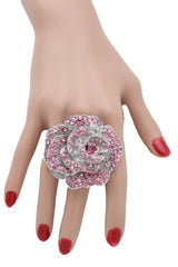 Oversized Pink Rhinestone Flower Elastic Band Ring