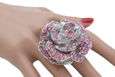 Oversized Pink Rhinestone Flower Elastic Band Ring