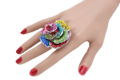 Multicolored Rhinestone Large Flower Elastic Band Ring