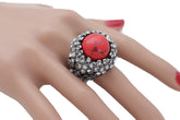 Silver Metal Red Bead Floral Filigree with Rhinestones Ring