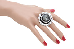 Women Silver Metal Flower Fashion Ring Jewelry Filigree Charm Elastic Band One Size Fits All