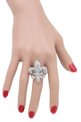 Rhinestone Fleur De Lis Lily Flower Elastic Band Ring