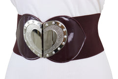 Wide Brown Elastic Fashion Belt Silver Heart Buckle Fit Size S M