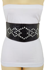 Wide Faux Leather Dark Brown Elastic Band Belt Silver Bling Squares Size S M