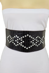 Wide Faux Leather Dark Brown Elastic Band Belt Silver Bling Squares Size S M