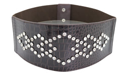 Wide Faux Leather Dark Brown Elastic Band Belt Silver Bling Squares Size S M