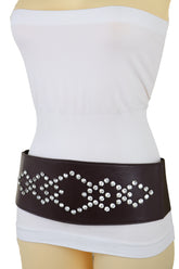 Wide Faux Leather Dark Brown Elastic Belt Squares Adjustable Size S M