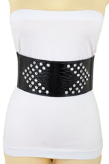 Wide Faux Leather Black Elastic Belt Side Arrows S M