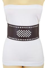 Dark Brown Elastic Wide Belt Hip High Waist Silver Bling Shield Size M L