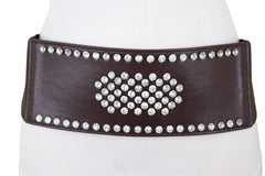 Dark Brown Elastic Wide Belt Hip High Waist Silver Bling Shield Size M L