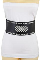 Cool Black Color Elastic Wide Band Fashion Belt Silver Bling Shield Size M L