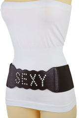 Dark Brown Elastic Wide Belt Hip High Waist Silver Bling SEXY Size S M