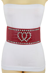 Red Elastic Wide Fashion Belt Hip High Waist Silver Heart Bling Size S M
