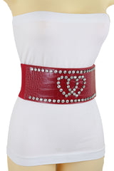 Red Elastic Wide Fashion Belt Hip High Waist Silver Heart Bling Size S M
