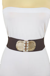 Dark Brown Elastic Fashion Belt Gold Metal Buckle S M