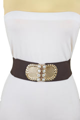Dark Brown Elastic Fashion Belt Gold Metal Buckle S M