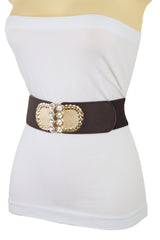 Dark Brown Elastic Fashion Belt Gold Metal Buckle S M