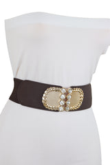 Dark Brown Elastic Fashion Belt Gold Metal Buckle S M