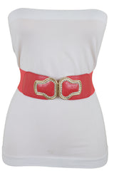 Coral Pink Elastic Band Belt Gold Buckle S M