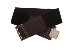 Brown Elastic Belt Gold Square Bling Buckle Fit Size S M