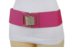 Pink Elastic Belt Gold Square Buckle Fit Size S M