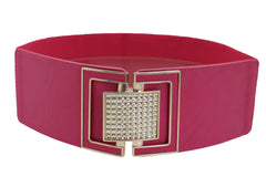 Pink Elastic Belt Gold Square Buckle Fit Size S M