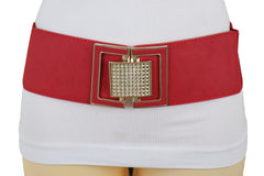 Red Elastic Waistband Fashion Belt Gold Square Buckle Fit Size S M