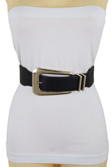 Waist Hip Gold Metal Long Buckle Black Elastic Fashion Belt Fit Size XS S