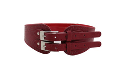 Red Elastic Fashion Belt Silver Metal Double Buckle S M