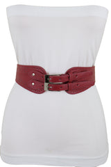 Red Elastic Fashion Belt Silver Metal Double Buckle S M