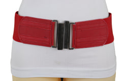 Red Elastic Fashion Wide Belt Silver Metal Buckle Adjustable Size S M