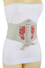 Wide Elastic Beige Corset High Waist Belt Flowers ize S M