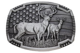 USA American Flag & Deer Silver Rectangle Metal Belt Buckle
