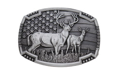 USA American Flag & Deer Silver Rectangle Metal Belt Buckle