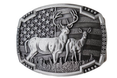 USA American Flag & Deer Silver Rectangle Metal Belt Buckle