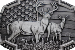 USA American Flag & Deer Silver Rectangle Metal Belt Buckle