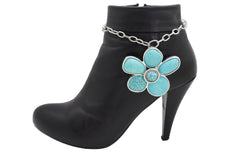 Silver Metal Chain Boot Bracelet Ethnic Shoe Turquoise Blue Flower Charm