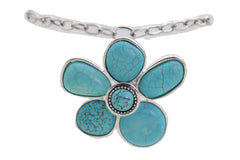 Silver Metal Chain Boot Bracelet Ethnic Shoe Turquoise Blue Flower Charm